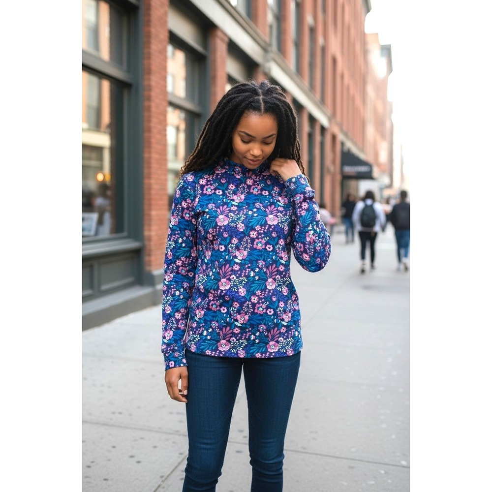 (L-300) Denim & Co. Active Floral Mock Neck Top Women's Medium Blue Pink QVC New